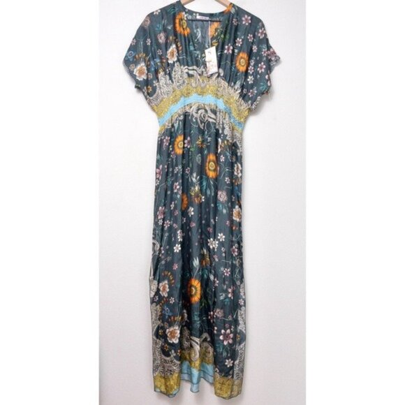 NWT Johnny Was Baize Silk Maxi Floral Dress S Multi Slip Vneck Smocked Slit - Picture 5 of 13